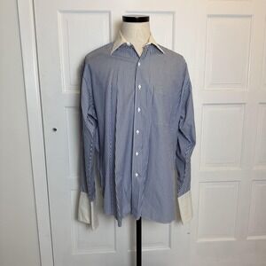 Ike Behar Dress Shirt Mens 16.5 35 Blue White Stripe Contrast Collar French Cuff